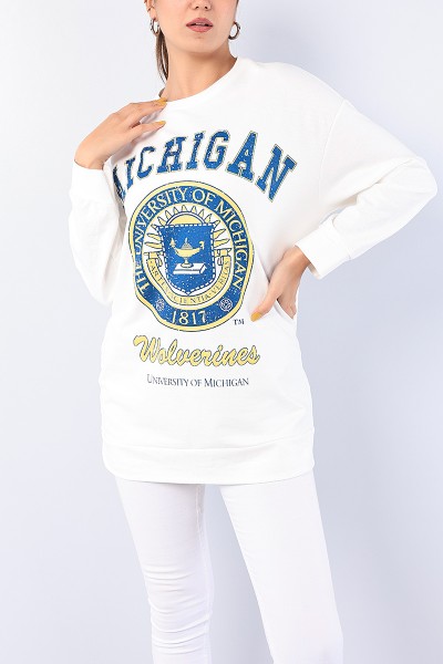 Beyaz Baskılı Bayan Sweat Tunik 75659