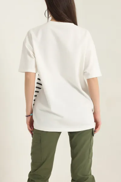 Beyaz Baskılı Bisiklet Yaka Oversize Bayan Tişört 337670