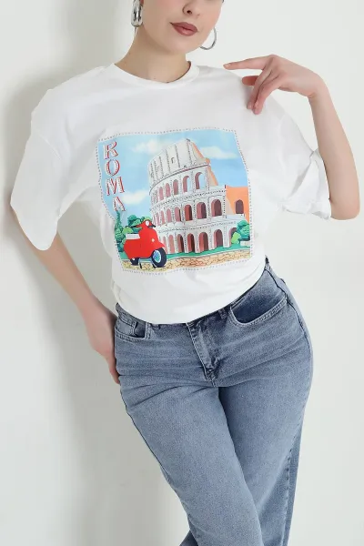 Beyaz Baskılı Bisiklet Yaka Penye Kadın Tişört 447285