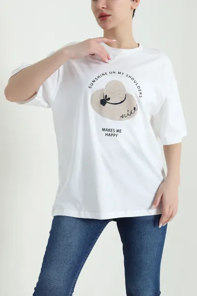 Beyaz Baskılı Bisiklet Yaka Penye Kadın Tişört 447288