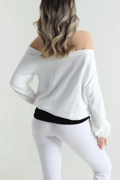 Beyaz Baskılı Boyundan Geçmeli Vortex Kadın Bluz 490598