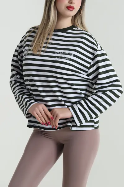 Beyaz Baskılı Çizgili Tasarım Kadın Sweat 493810
