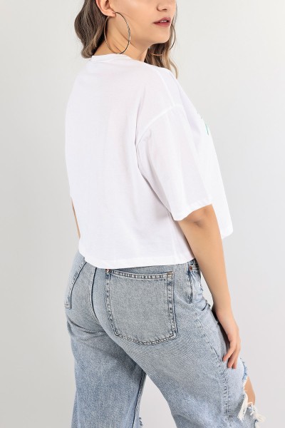 Beyaz Baskılı Crop Tişört 115295