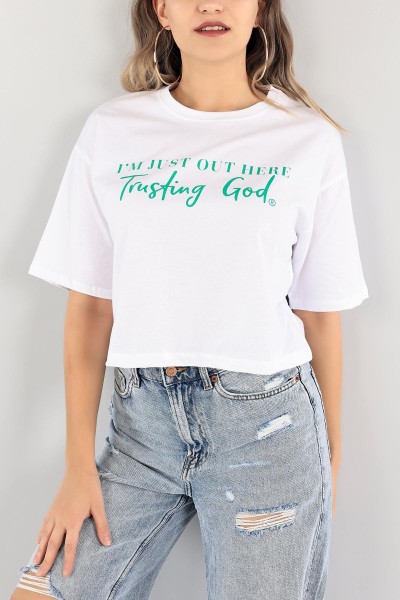 Beyaz Baskılı Crop Tişört 115295