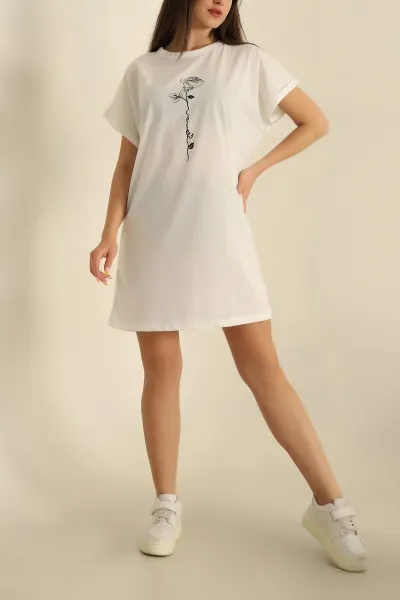 Beyaz Baskılı Duble Kol Süprem Elbise 262616