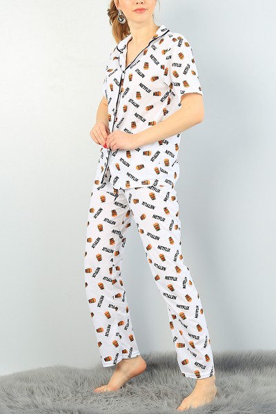 Beyaz Baskılı Düğmeli Bayan Pijama Takımı 63229