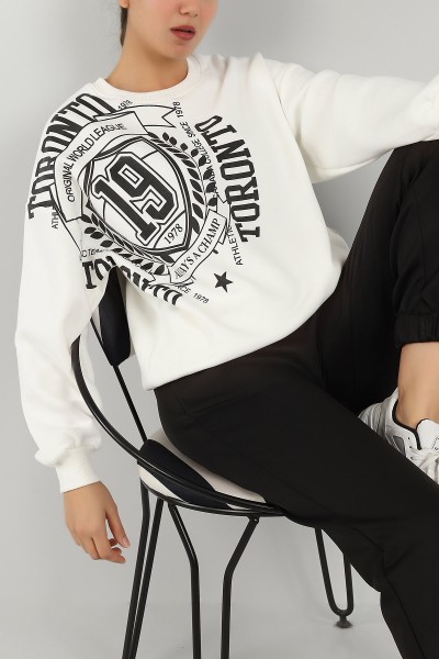 Beyaz Baskılı İçi Şardonlu Bayan Sweat 144010