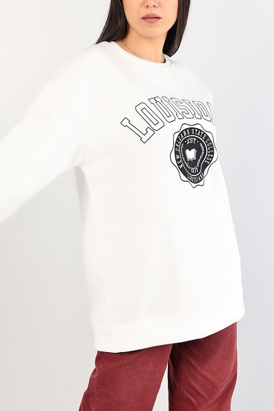 Beyaz Baskılı İçi Şardonlu Bayan Sweat 85014