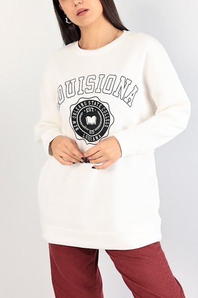 Beyaz Baskılı İçi Şardonlu Bayan Sweat 85014