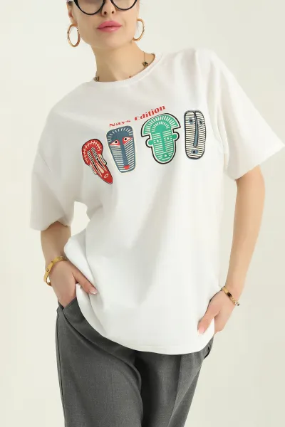 Beyaz Baskılı İki İp Kadın Oversize Tişört 356686