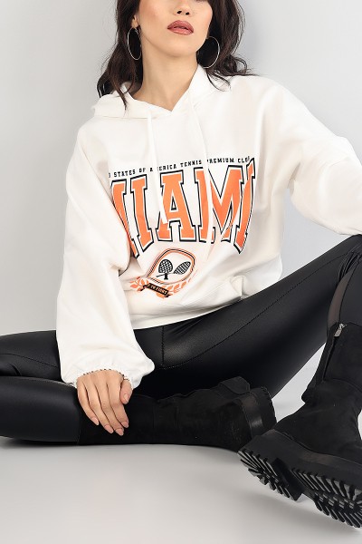 Beyaz Baskılı Kapüşonlu Bayan Sweat 83377