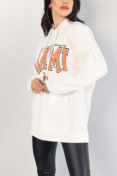 Beyaz Baskılı Kapüşonlu Bayan Sweat 83377