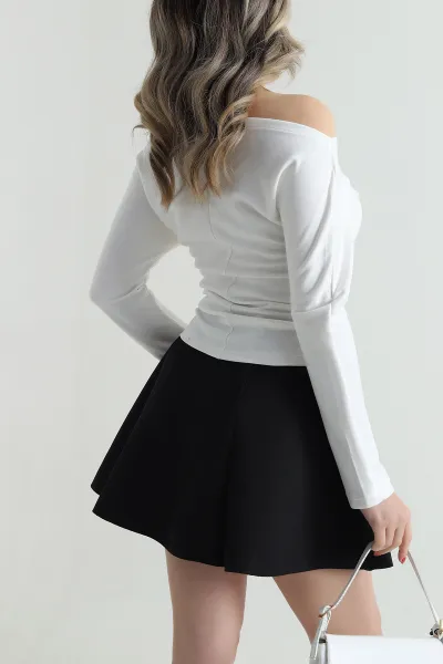Beyaz Baskılı Kayık Yaka Modal Kadın Bluz 497580