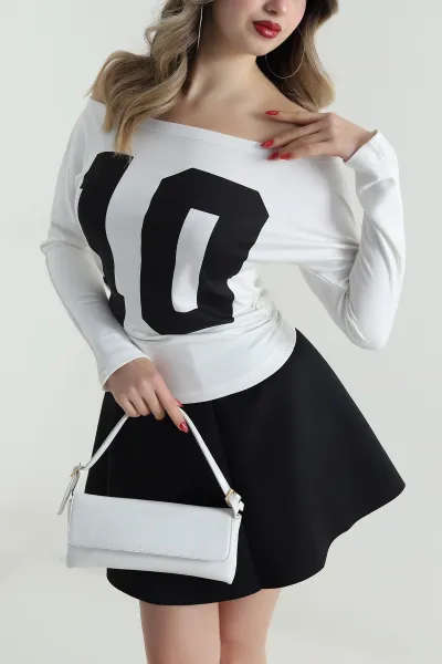 Beyaz Baskılı Kayık Yaka Modal Kadın Bluz 497580