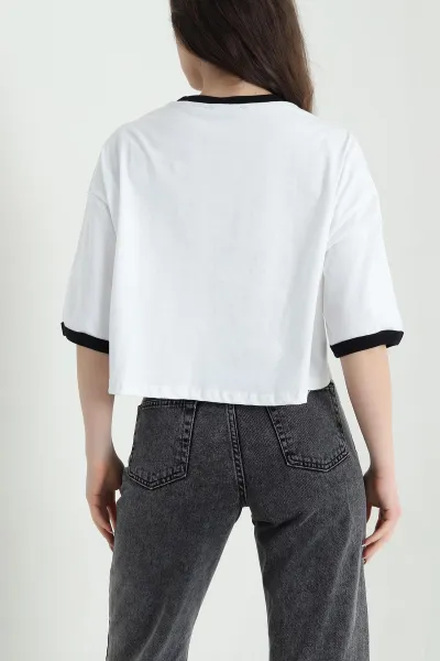 Beyaz Baskılı Kompak Kadın Crop 455154
