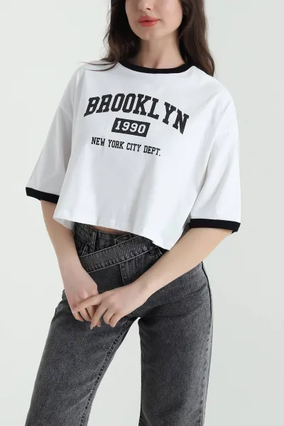 Beyaz Baskılı Kompak Kadın Crop 455154