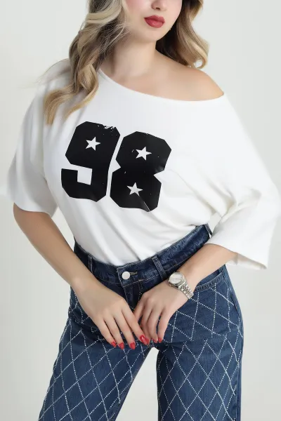 Beyaz Baskılı Kristal Kadın Bluz 482075