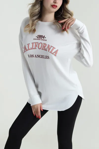 Beyaz Baskılı Kristal Kadın Sweat Tunik 485134