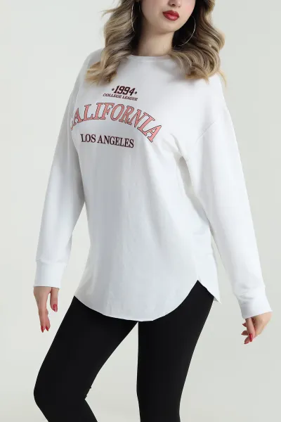 Beyaz Baskılı Kristal Kadın Sweat Tunik 485134