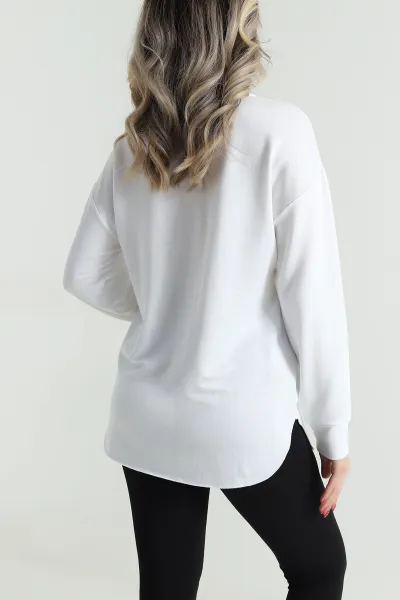 Beyaz Baskılı Kristal Kadın Sweat Tunik 485134