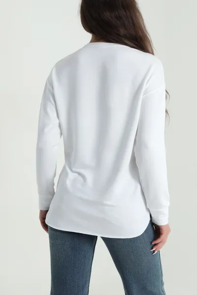 Beyaz Baskılı Kristal Kadın Sweat Tunik 485150