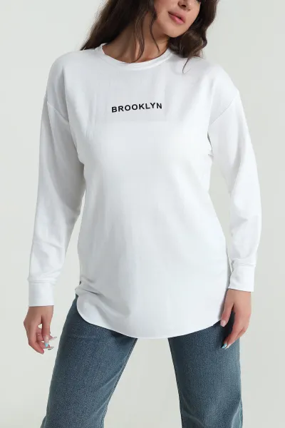 Beyaz Baskılı Kristal Kadın Sweat Tunik 485150