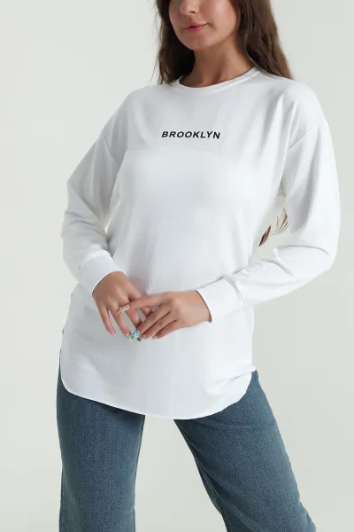 Beyaz Baskılı Kristal Kadın Sweat Tunik 485150