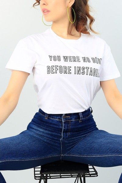 Beyaz Baskılı Likralı Bayan Tişört 65338