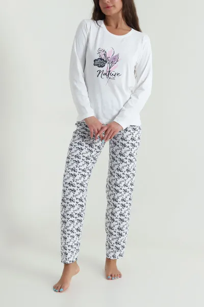 Beyaz Baskılı Modal Kadın Pijama Takımı 484525