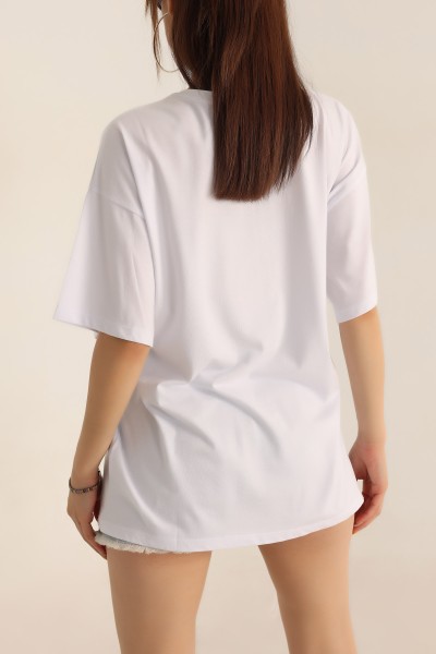 Beyaz Baskılı Nakışlı Oversize Tişört 192587