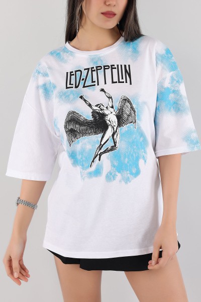 Beyaz Baskılı Oversize Bayan Tişört 166230