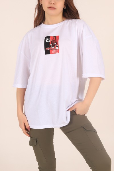 Beyaz Baskılı Oversize Bayan Tişört 169871