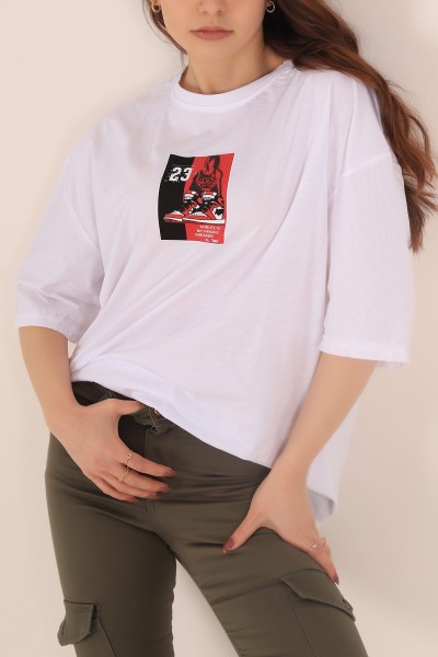 Beyaz Baskılı Oversize Bayan Tişört 169871