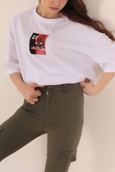 Beyaz Baskılı Oversize Bayan Tişört 169871
