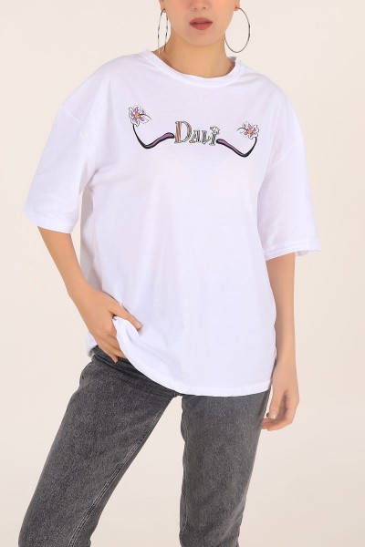 Beyaz Baskılı Oversize Bayan Tişört 169875