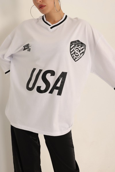 Beyaz Baskılı Oversize Bayan Tişört 193688