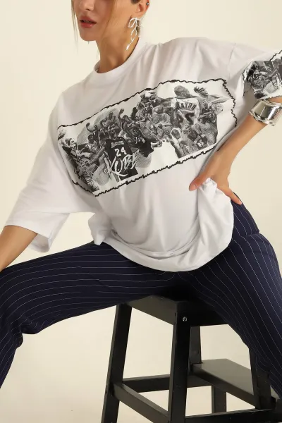 Beyaz Baskılı Oversize Bayan Tişört 198309