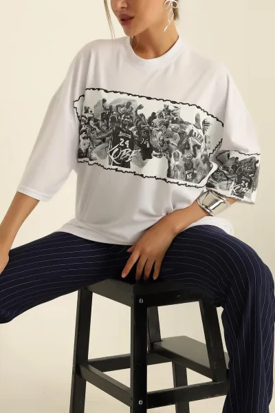 Beyaz Baskılı Oversize Bayan Tişört 198309