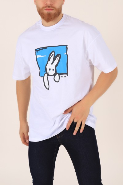 Beyaz Baskılı Oversize Erkek Tişört 164990