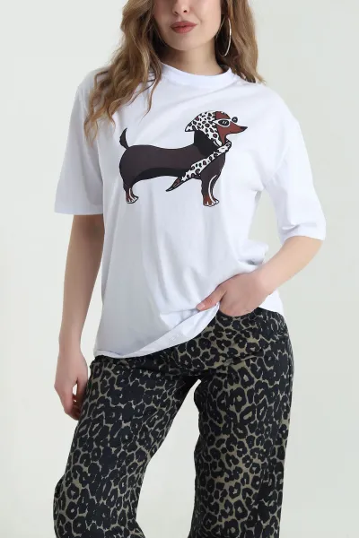 Beyaz Baskılı Oversize Kadın Süprem Tişört 449951