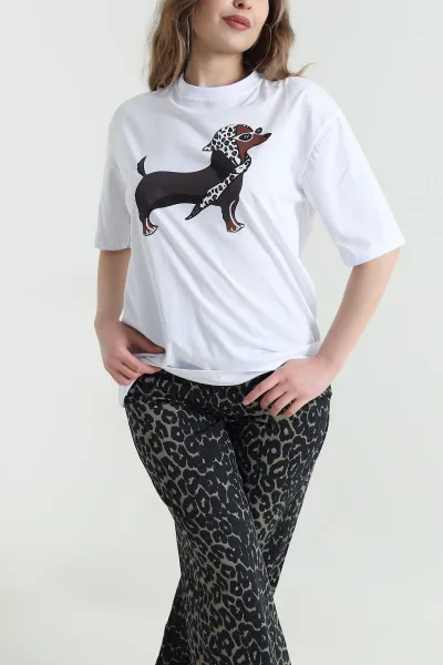 Beyaz Baskılı Oversize Kadın Süprem Tişört 449951