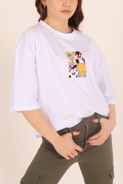Beyaz Baskılı Oversize Tişört 169882