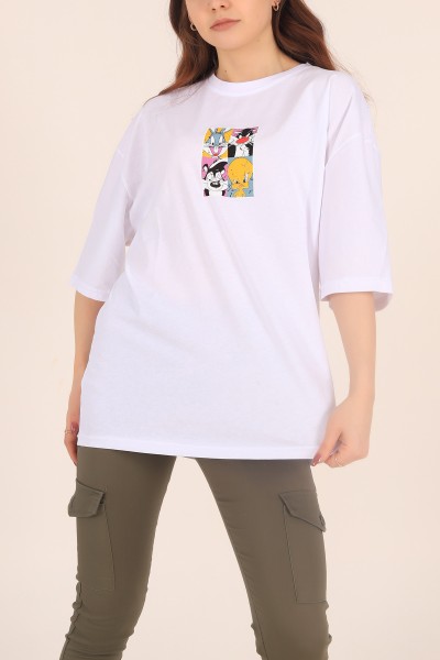 Beyaz Baskılı Oversize Tişört 169882