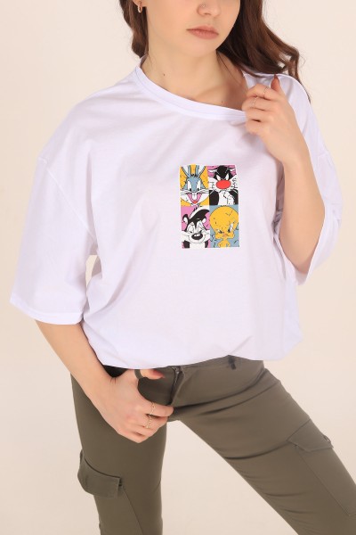 Beyaz Baskılı Oversize Tişört 169882
