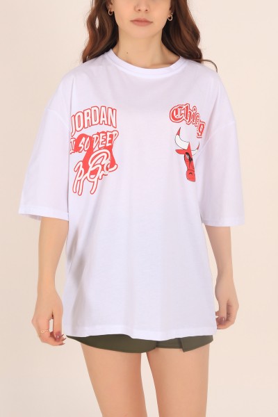 Beyaz Baskılı Oversize Tişört 169885