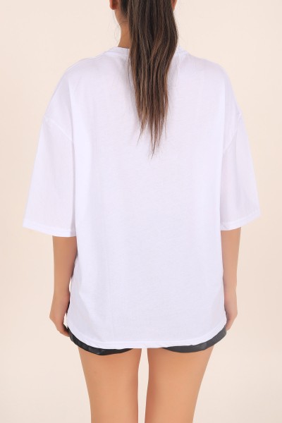 Beyaz Baskılı Oversize Tişört 169888
