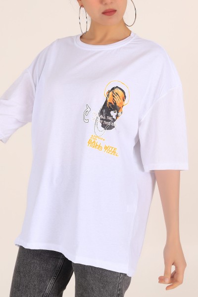 Beyaz Baskılı Oversize Tişört 169891