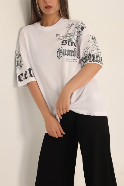 Beyaz Baskılı Oversize Tişört 184607