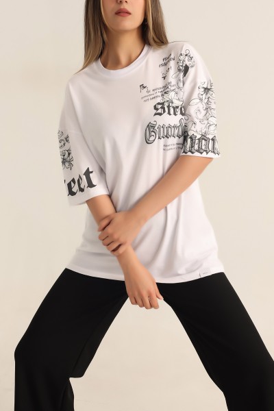 Beyaz Baskılı Oversize Tişört 184607
