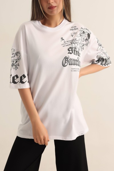 Beyaz Baskılı Oversize Tişört 184607